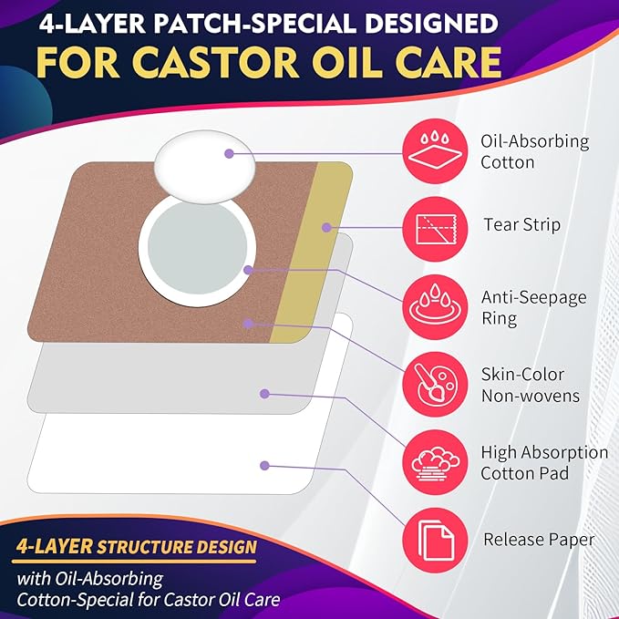 Castor Oil Pack Wrap Patch - Organic Cotton Castor Oil Belly Button Patch, Disposable Self-Adhesive Abdominal Pads, Portable Anti Leakage High Absorbent Multiple Sizes Patch for Multi-Area Use 30Pcs