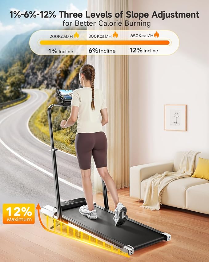Walking Pad Treadmill with 12% Incline, 6 in 1 Folding Treadmill with Adjustable Handle Bar for Home/Office, Under Desk Treadmills Portable Walking Pad with App, Remote Control & LED Display