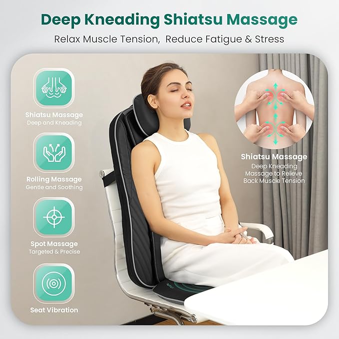 Snailax Gifts for Mom, Dad Shiatsu Back Massager with Heat & Vibration, 3D Kneading Massage Chair Pad for Pain Relief Deep Tissue, Chair Massager for Office Home Chair Use