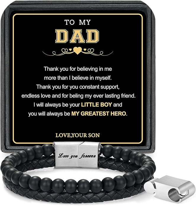 LUXEJEW Gifts for Men - Beaded Leather Bracelet 6mm Matte Agate Stone Bracelets for Men Dad Son Husband Boyfriend Grandpa Grandson Brother Uncle Nephew Adjustable Magnetic Clasp