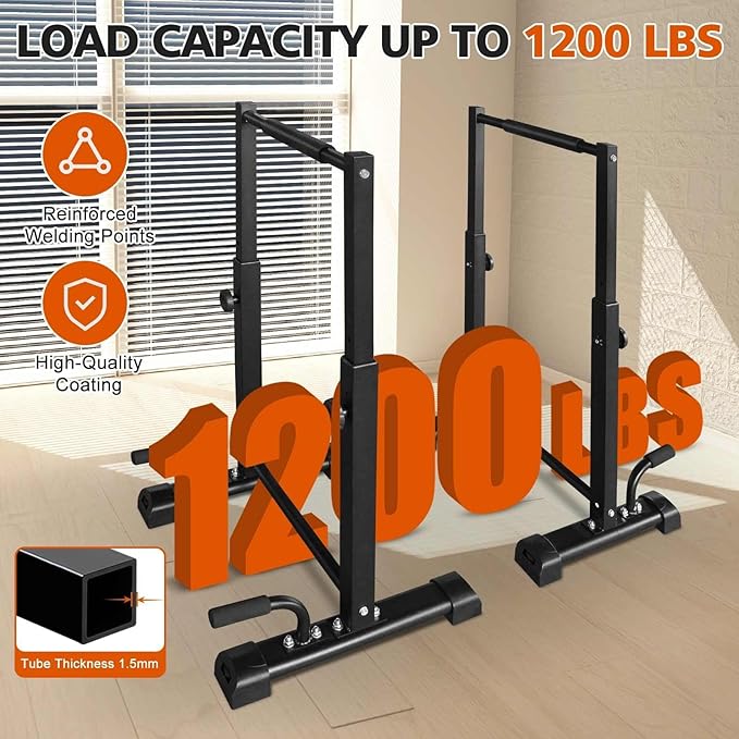 Adjustable Dip Station - 1200 Lbs Capacity Multi-Functional Workout Bar with 6 Height Levels (36.6"-46") for Home Gym Fitness Training, Pull Ups, Dips & Bodyweight Exercises, Black
