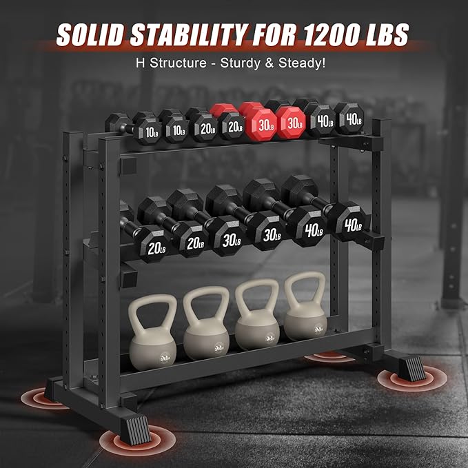 3-Tier Dumbbell Rack, 1200LB Capacity Adjustable Weight Rack for Home Gym, Heavy-Duty Weight Stand for Dumbbells Kettlebells & Weight Plates(Rack Only)