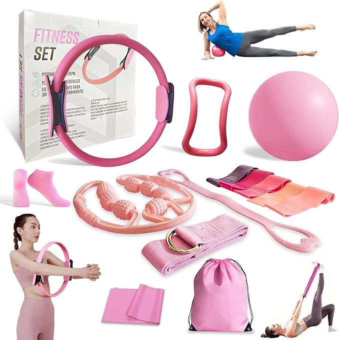 Home Workout Pilates Kit for Women, Better me Pilates Ring and Ball Set Essentials Equipment, with 5 Resistance Bands, Massager Roller, Yoga Starter Accessories for Toning Arms, Thighs & Core
