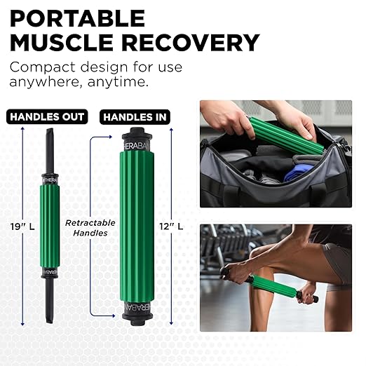 TheraBand - 11756 Roller Massager +, Portable Muscle Rolling Stick with Retractable Handles for Self-Myofascial Release, Deep Tissue & Trigger Point Massage, Gifts for Runners, Athletes, Crossfit Green
