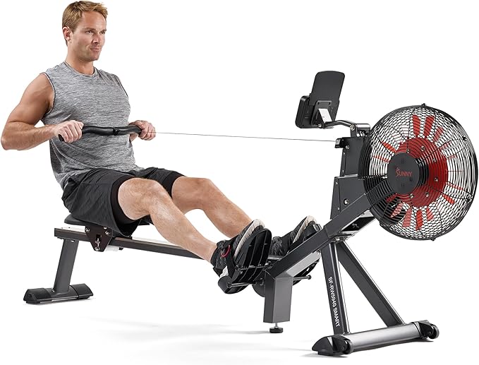 Sunny Health & Fitness Air Strive Smart Rower, Full-Body Training Rowing Machine with Spacious Inseam, Flip-Up Design for Home Gym, Free SunnyFit App Connection, Optional Dual Resistance