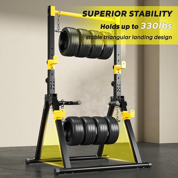 DlandHome Foldable Power Tower Pull Up Bar Dip Station, Adjustable Height Multifunction Workout Pull Up Tower Station for Home Gym, Strength Training Equipment, Triangular Legs, Up to 330lbs