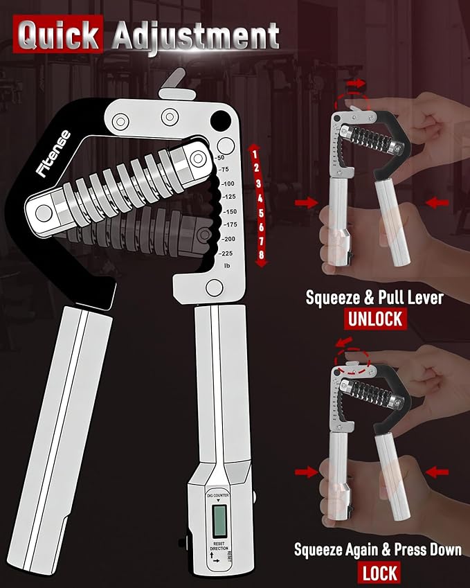 Grip Strength Trainer - Adjustable Hand Gripper Strengthener 8 Levels 50-225 lbs with Counter, Hand Grip Exerciser Wrist Strengtheners, Forearm, Finger & Hand Strength Training for Athletes, Climbers & Rehabilitation