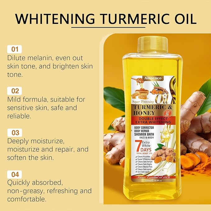 Turmeric & Honey Body Oil, Deep Moisturizing Treatment with Sweet Almond Oil, Vitamin E, and Collagen (16.9 fl oz)