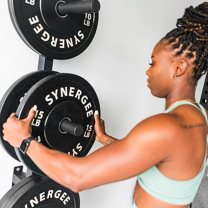 Synergee Weight Plate Storage Rack. Wall Mounted Weight Plate Holder. 4 Pegs with 1000 lb Weight Capacity Storage Rack.