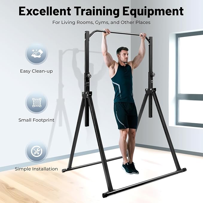 Adjustable Triangular Power Tower Dip Station Pull Up Bar, 441LBS Carbon Steel 5.74-7.55FT Adjustable Height Foldable Strength Training Exercise Equipment for Home Gym/Bedroom/Sports Center