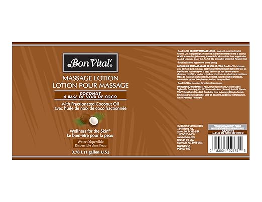 Bon Vital' Coconut Massage Lotion, 1 Gallon, Lightweight Formula with Pure Fractionated Coconut Oil, Professional Therapy Lotion, Hydrating and Unscented