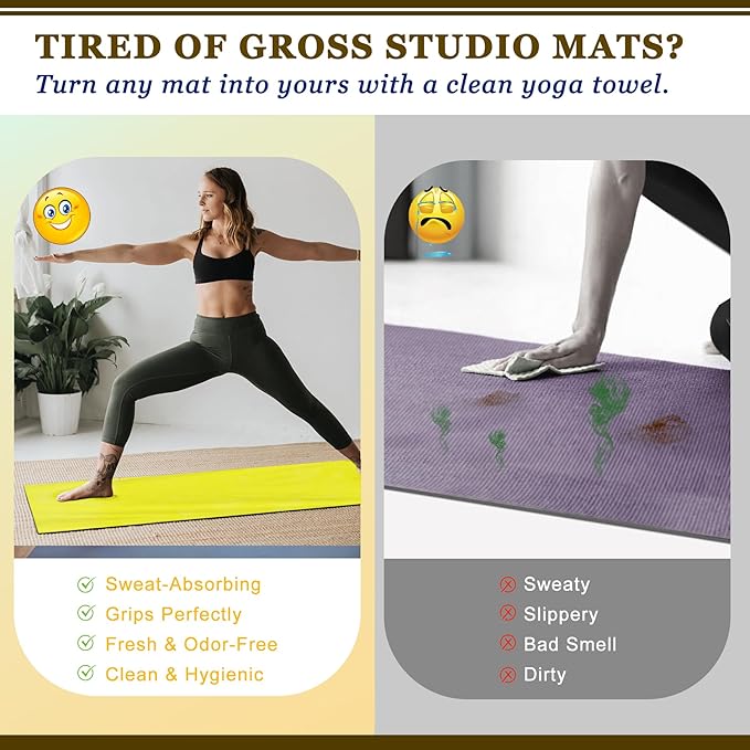 Yoga Mat Towel with Hand Towel, Extra Thick (600GSM) Soft Hot Yoga Towel, Non-Slip and Sweat Absorbent for Hot Yoga, Bikram, Pilates, and Fitness, 72" x 27.5", Dual-Color, Grey/Yellow
