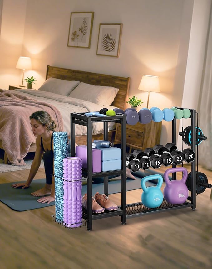 3-Tier Dumbbell Rack Stand Only - Adjustable Weight Rack for Home Gym, Heavy-Duty Weight Stand for Dumbbells Kettlebells Foam Roller Yoga Mats, Workout Equipment Storage Organizer With Hooks