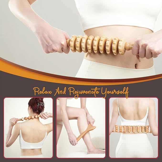 Wooden Massage Tool Set, 7-Piece Body Massage Kit for Home Use, Manual Included