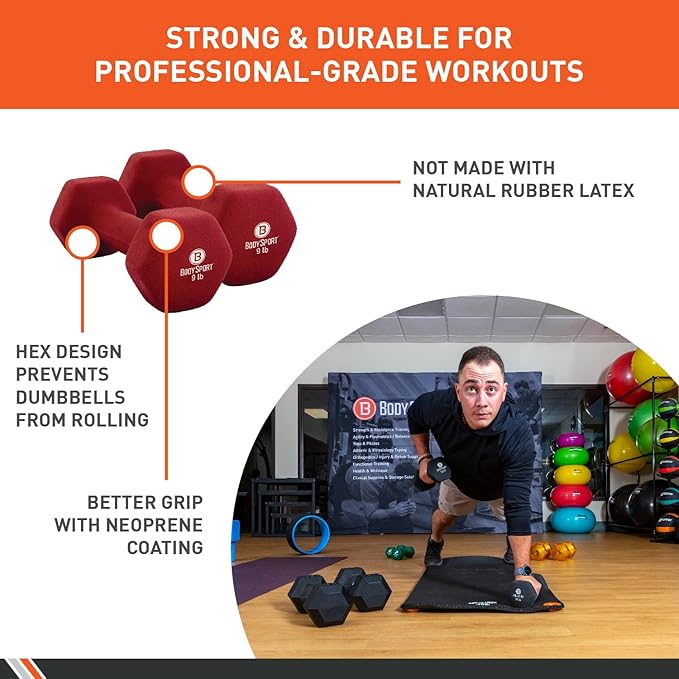 Body Sport Neoprene Dumbbell Weight - Latex-Free, Strength Training Equipment for Home Fitness & Gym Workouts
