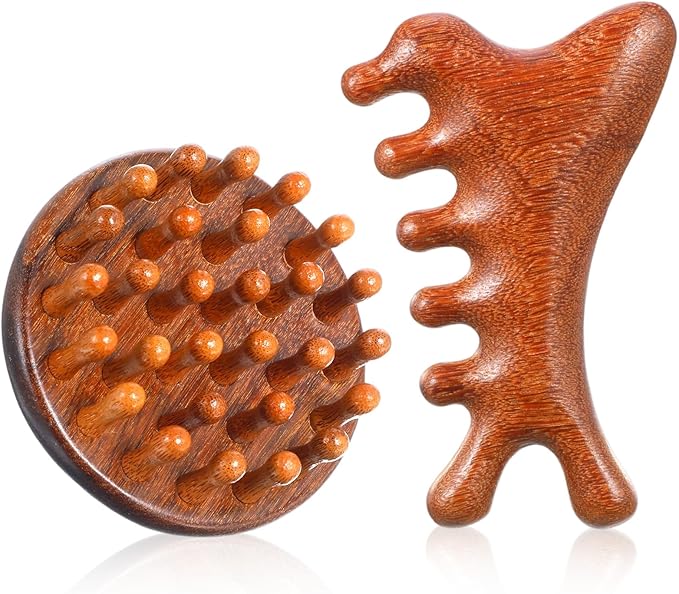 Wooden Scalp Massager Comb, 2 Pcs Sandalwood Scalp Massager Hair Growth Portable Manual Head Massage Tool Handheld Gua Sha Tool for Woman Men Wet Dry Hair Relaxation Body Head Scalps Care