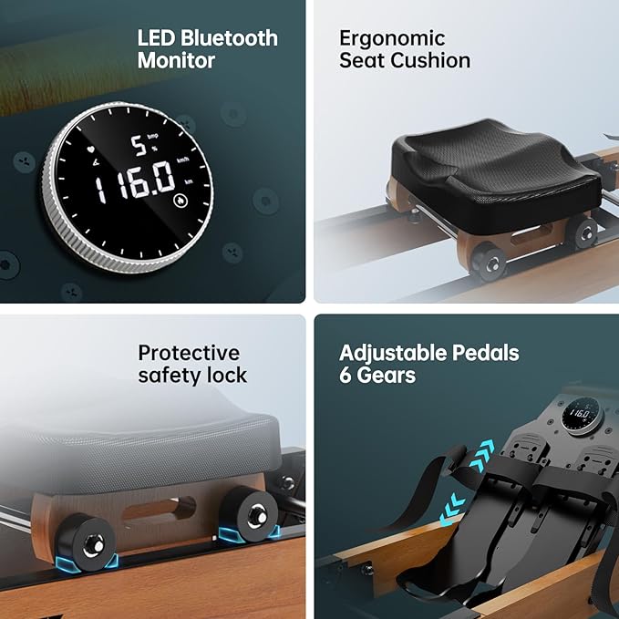 PASYOU Water Rowing Machine for Home – Oak Wood Foldable Rower, 350 LBS Capacity, 6-Level Adjustable Resistance, 14L Water Tank, Smart Monitor & Tablet Holder, Bluetooth with Kinomap App