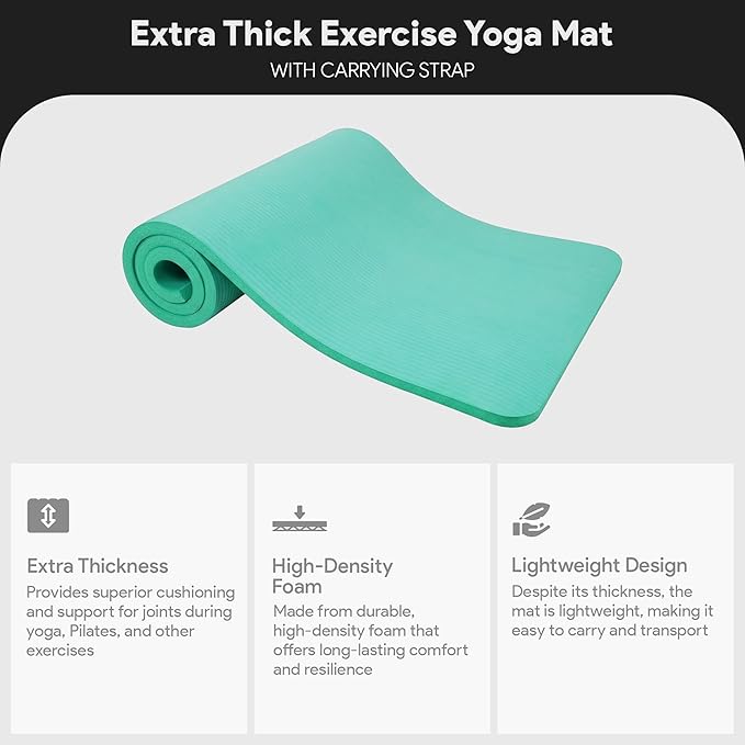 BalanceFrom 71x24 Inches Extra Thick Yoga Mat 1-Inch High-Density Foam – Roll-Up Exercise Pad with Double-Sided Non-Slip Surface and Carrying Strap for Pilates and Home Workouts, Multiple Colors