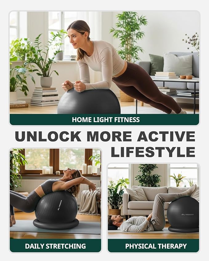 Trideer Exercise Ball for Office Desk, Yoga Ball Chair to Relieve Back Pain, Stability & Fitness Ball Seat with Base, Home Gym Core Workout, Abs, Stretching & Therapy