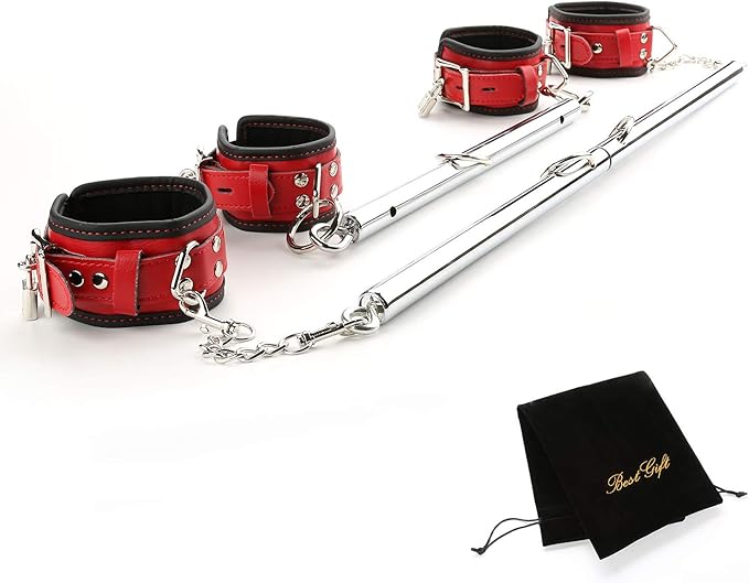 EXREIZST Expandable 2 Spreader Bar Set with Bag and 4 Premium Soft Pad Leather Straps with 2 Chains Adjustable Home Yoga Bar Kit, Silver and Red