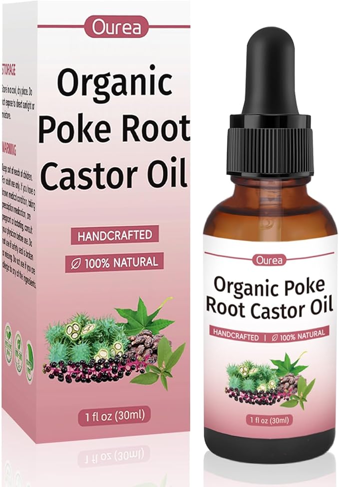 Poke Root Castor Oil Organic - 1 Fl Oz - Lymphatic Support Massage Liquid, Supports Boils, Fibroids, Cysts, Swollen Lymph Nodes, Breast & Joint Health, Natural Deep Tissue Relief Drops