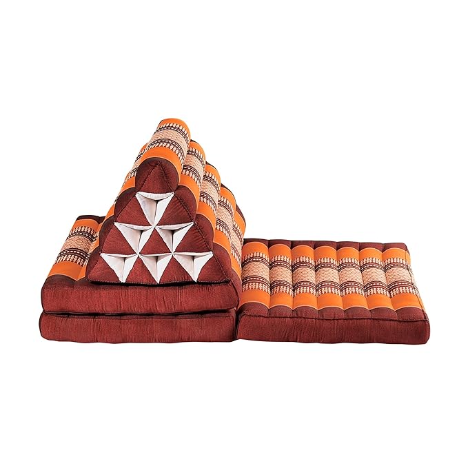 Zafuko Three-Fold Thai Cushion - Burgundy/Orange - Organic Water-Resistant Kapok Filling, Multi use Including meditaiton, Lounging, Reading, Stretching.