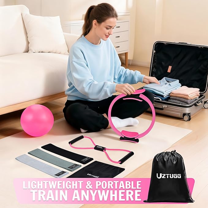UZTUGG Pilates Equipment Kit at Home for Women, 4-in-1 Workout Essential Set with Pilates Ring, Fabric Resistance Bands, Figure 8 Resistance Band, Pilates Ball–Full Body Toning, Yoga & Stretching
