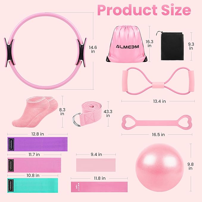Pilates Ring Kit for Women and Men - 15 inch Magic Circle Exercise Ring and Ball Set for Home Workout Equipment - Dual Padded Handles Ring and Resistance Bands Set for All Fitness Lovers