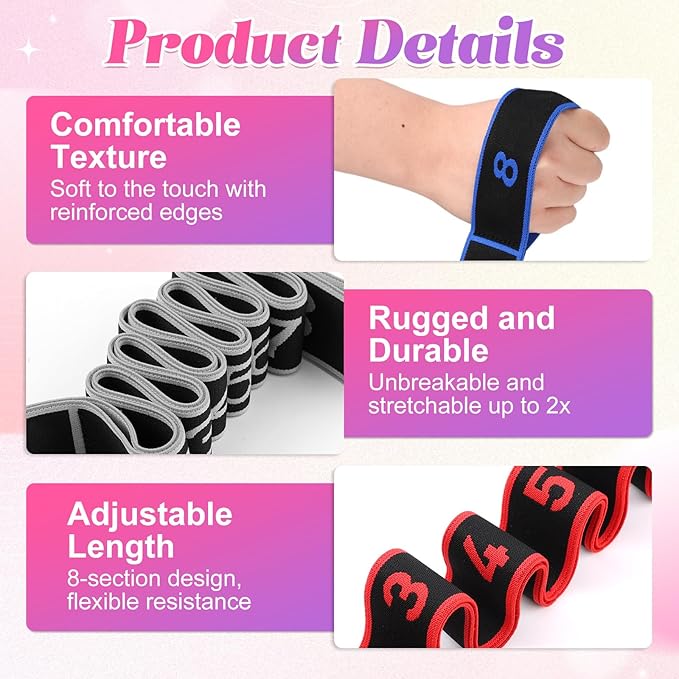 Fitness Resistance Bands with Handles, Adjustable Stretching & Yoga Band for Full Body, 8-Section Elastic Training Band with Clear Marking for Yoga, Stretching, Pilates
