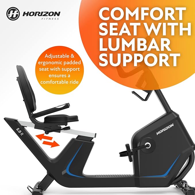 Horizon Fitness 5.0R Recumbent Bike, Fitness & Cardio, Magnetic Resistance Cycling Bike with Bluetooth, Comfort Seat with Lumbar Support, Step-through Frame, and 350lb Weight Capacity