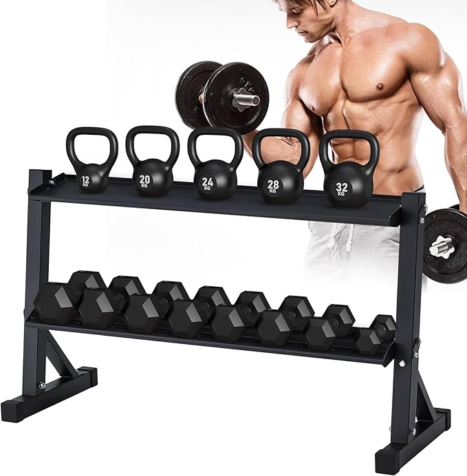 48" Kettlebell Storage Rack, 2-Tier Dumbbell and Kettlebell Rack for Home Gym, 1000LBS Weights Storage for Free Weights, Dumbbells, Kettlebells and Medicine Ball