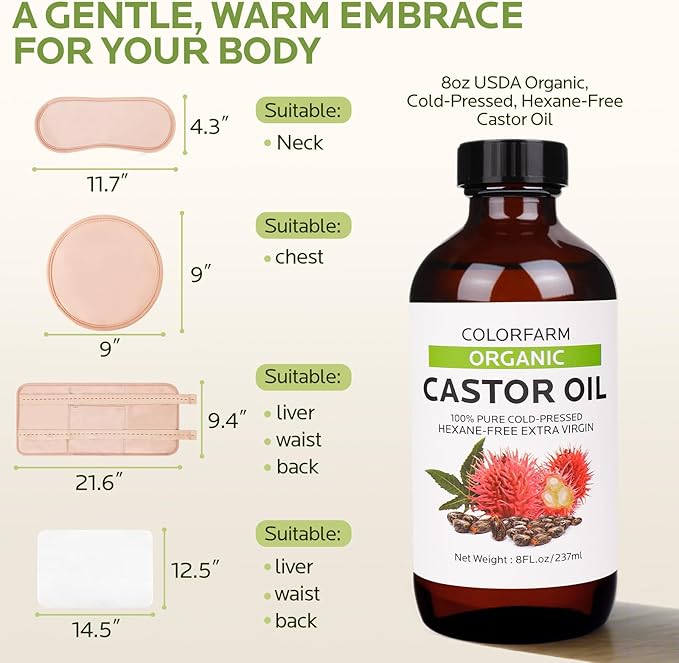 6 Pcs Castor Oil Pack Wrap: Organic Cold Pressed Castor Oil 8Fl Oz with Reusable Pads - Adjustable Elastic Straps Pack Wraps for Stomach Liver Neck