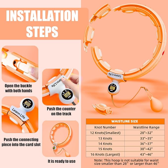 U5 Smart Weighted Hula Hoop with Counter – 16 Knots, 28"–46" Adjustable Infinity Hoop Plus Size, Quiet Rubberized Wheels, Ab Workout, Home & Outdoor Fitness, Weight Loss, Abdominal Toner