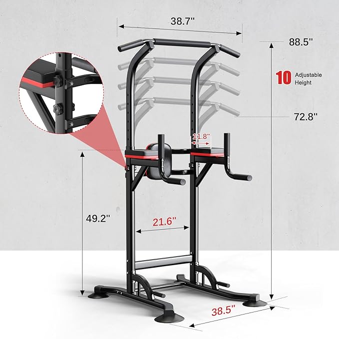 Pull Up Bar Station, Adjustable Multifunction Power Tower Dip Bar Station Home Gym Strength Training Workout Equipment for Pull-up Push-up Dips (Black-Classic).