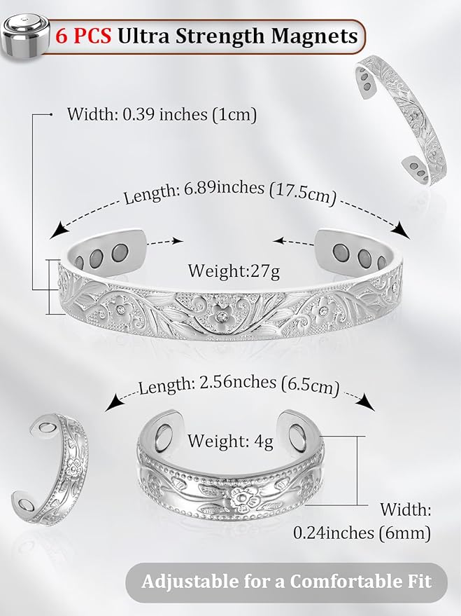 BioMag Lymphatic Drainage Ring & Copper Bracelet, 99.99% Pure Copper Magnetic Bracelet & Ring with Built-in 3500 Gauss Magnets, Adjustable Size,Floral Branch and Leaf Pattern