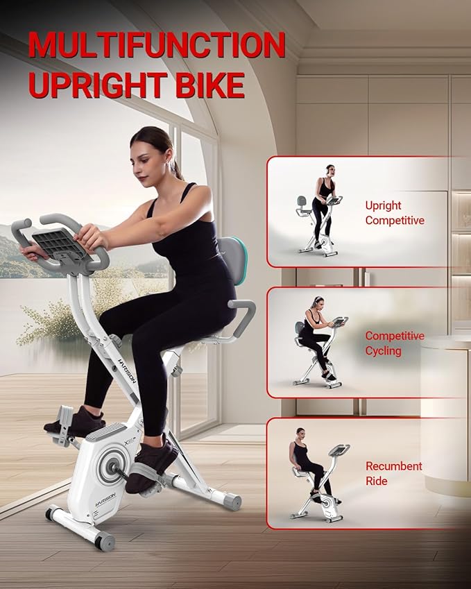 HARISON Folding Exercise Bike 350 LBS Capacity, 5 in 1 Bluetooth Stationary Bikes for Home with 16-Level Resistance and Arm Resistance Bands, Magnetic X-Bike with LCD Monitor & Back Support