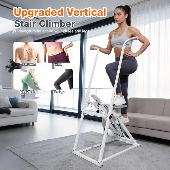 Foldable Stair Stepper Machine with Handles - Adjustable Stepper for Home Cardio, Low Impact Workout Equipment for Legs, Glutes & Weight Loss - Compact Stepping Machine, Easy Assembly White