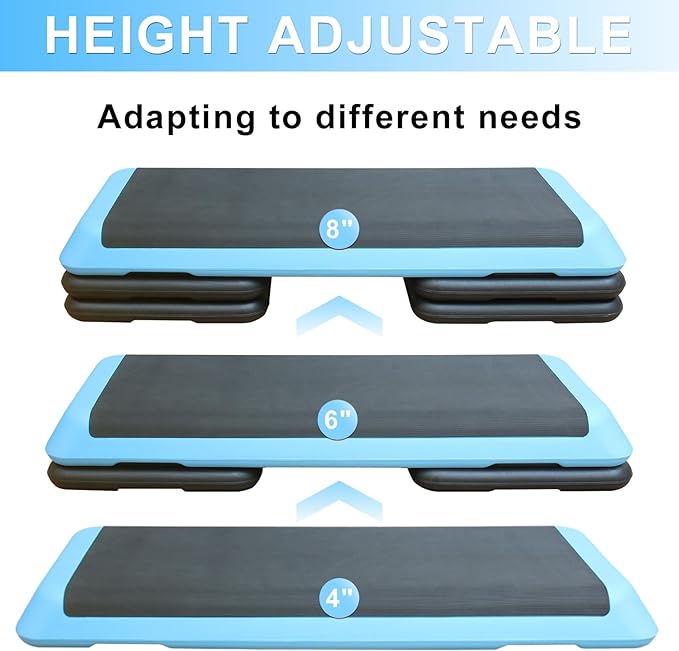 43'' Exercise Aerobic Step Platform, Adjustable Height 4-6-8in Exercise Stepper Workout with 4 Detachable Risers, Aerobics Stepper Workout Stepper for Home Gym Cardio Strength & Training