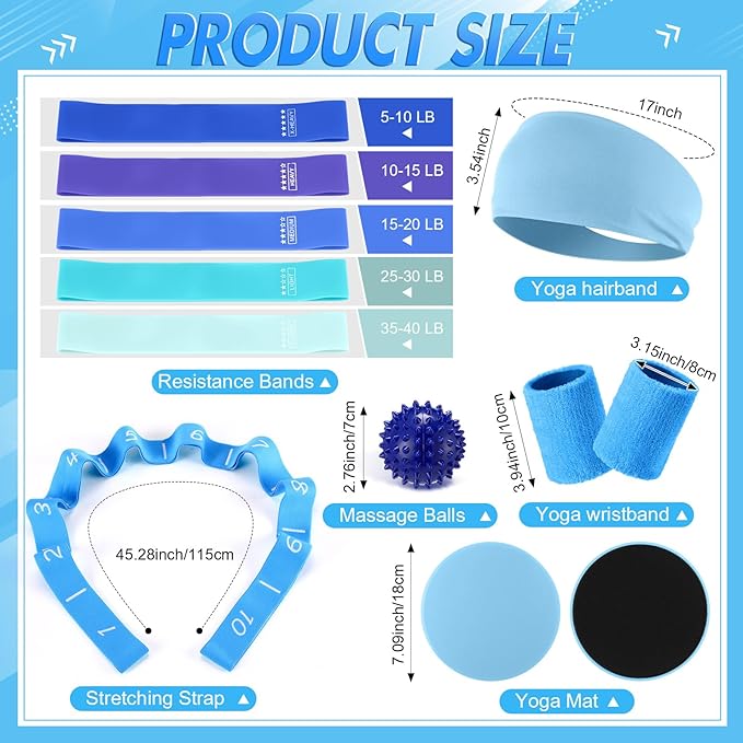 Poen 18 Pcs Home Pilates Ball and Ring Circle Set Yoga Fitness Essentials Kit with 5 Resistance Band Stretching Strap Non Slip Sock Ball Core Slider Wristband Headband Gym Bag for Women