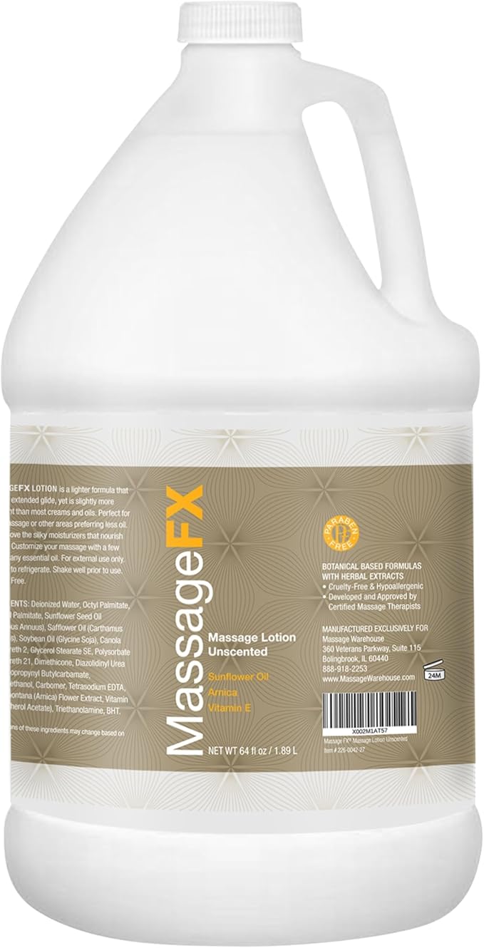 Massage FX Unscented Massage Lotion, 1/2 Gallon - Professional Massage Lotion for Massage Therapy with Sunflower Seed Oil, Arnica, and Vitamin E