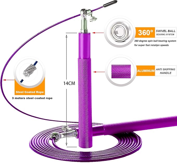 Speed Jump Rope - 360° Swivel Ball Bearing - Adjustable steel coated rope-Aluminum Anti Skipping Handle -Fitness Training Boxing Sports Exercises -Suitable for Kids and Adults