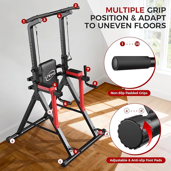 Power Tower Pull Up Bar Free Standing, 13-Level Adjustable Height Dip Station with X-Frame Stability, Multi-Grip Handles, Backrest, Anti-Slip Foot Pads, Home Gym Strength Training Equipment 400LBS