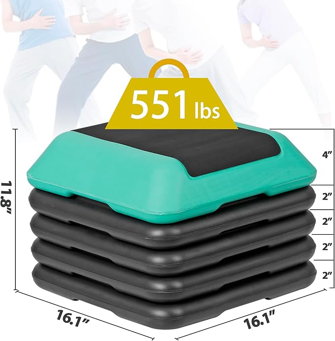 16" x 16" Adjustable Exercise Aerobic Step Platform Fitness Stepper with 4 Removable Risers 4'' - 6'' - 8''-10''-12'' Height for Home Gym Cardio Strength and Training