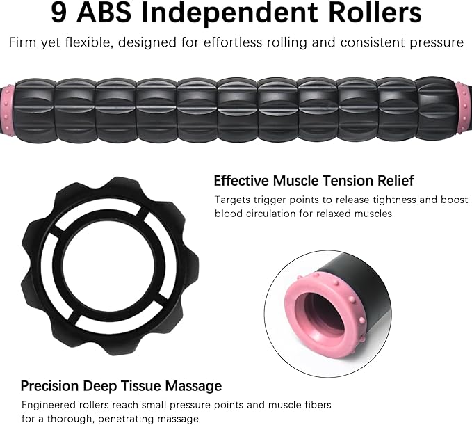 Muscle Roller Massage Roller Stick- Deep Tissue Fascia Blaster for Myofascial Pain Relief, Lymphatic Drainage & Body Sculpting, Handheld Physical Therapy & Recovery Tool (Pink black-18 inch)