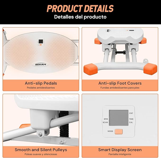 SEKAM Ski Machine Trainer, Indoor Ski Simulator with Resistance Bands & Balance Board - Low Impact Stepper Exercise Equipment for Home Gym Full Body Workout, 300LBS Capacity (Orange)