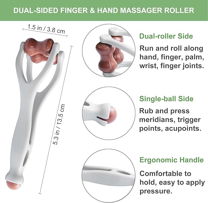 Finger Massager, Hand Massager for Arthritis and Carpal Tunnel. Dual-sided Bian Stone Massage Roller Tool for Circulation, Trigger Finger, Hand Therapy, Pain Relief, Stress. Great Gift for Her/Him.