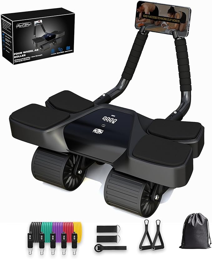 Ab Roller Home Gym Equipment – 4 Wheels Ab Wheel Muscle Roller with LCD Screen, 5Pcs Resistance Bands, Ankle Straps, Door Anchor, Handles, Travel Bag – Comfortable Elbow Support with Non-Slip Handles