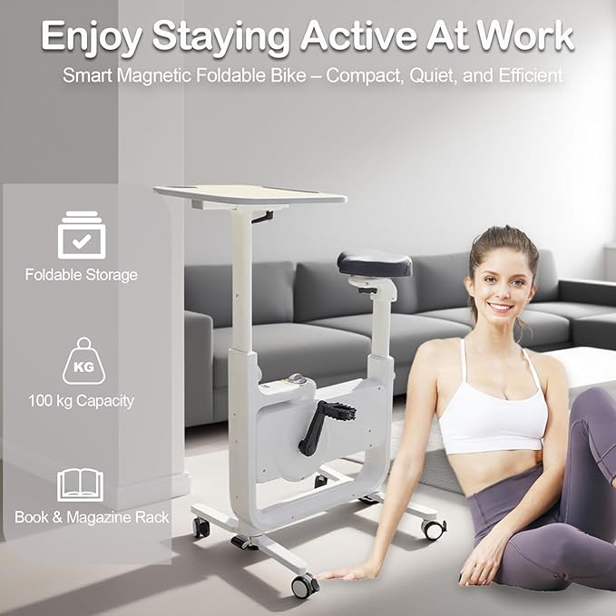 All-in-one Exercise Bike, Foldable Under Desk Bike,300LBS Heavy Duty for Work From Home Spin Bike with Adjustable Resistance/LCD Display/Seat/Desktop,Portable Stationary Bikes for Home