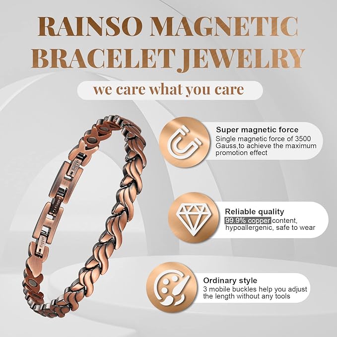 RainSo Copper Bracelet for Women's Magnetic Bracelets 99.99% Pure Solid Copper Attractive Design Bangle with 3 Smarter Button Wristband