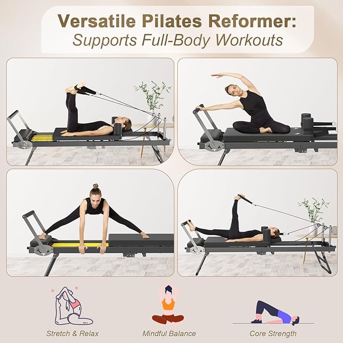 Pilates Reformer, Foldable Reformer Pilates Machine, Full-Body Home Gym & Pilates Equipment for All Levels, Up to 400 lbs Weight Capacity Reformers, Black